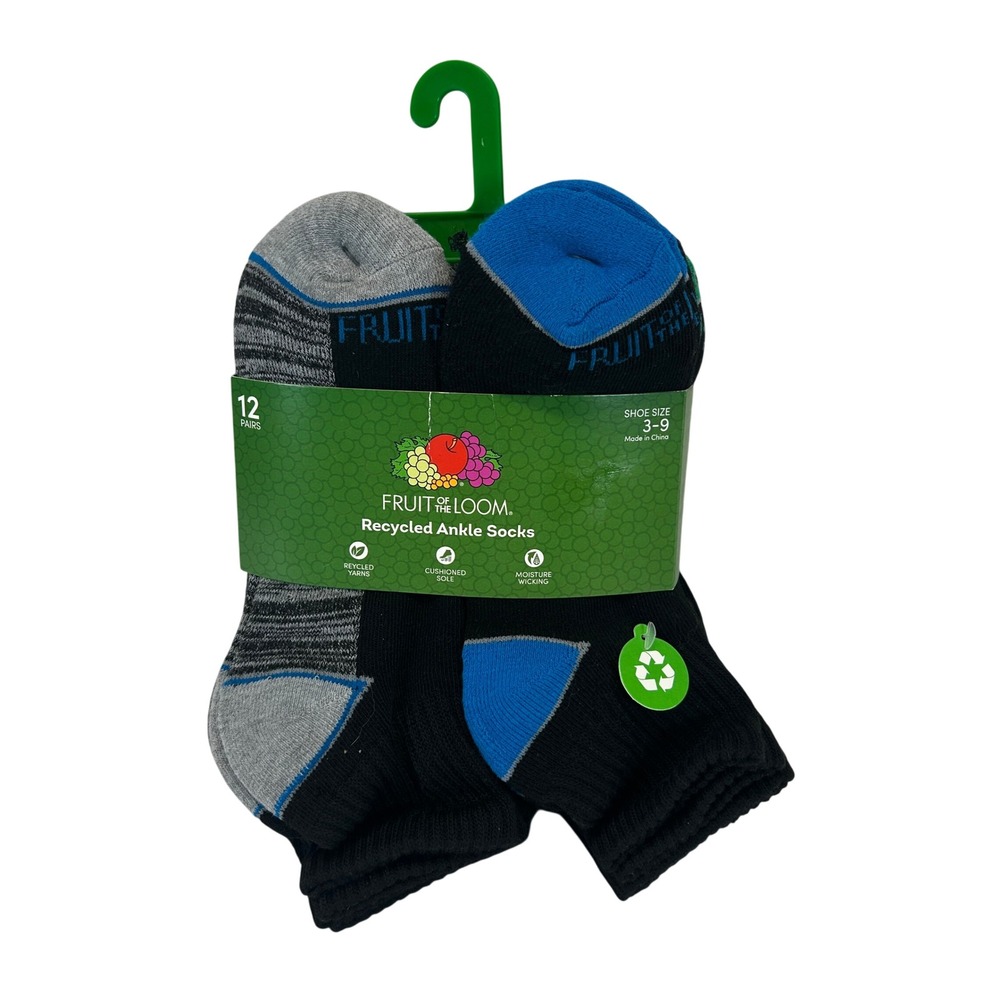 Fruit of the Loom 12 Pair Recycled Ankle Socks Black Grey Blue Shoe Size 3-9 NEW